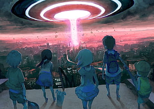 five children standing on rooftop looking on red laser wallpaper, manga