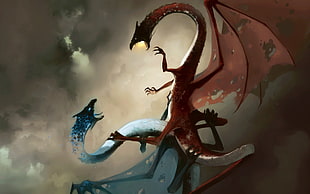 two blue and red dragons wallpaper, dragon, fantasy art, Magic: The Gathering