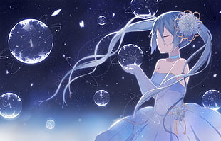 blue haired female anime character with bubble on her hand