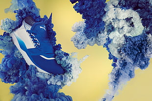 blue and white Puma lace-up shoe HD wallpaper