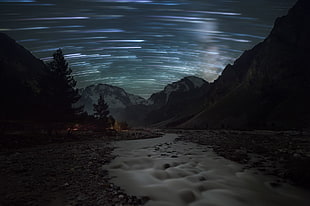 gray mountain painting, space, universe, stars, blurred HD wallpaper