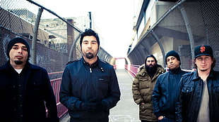 five men in jackets on bridge HD wallpaper