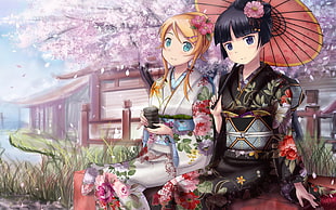 two female animated characters wearing kimono near sakura trees illustration