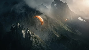 orange paraglide, nature, mountains, landscape HD wallpaper