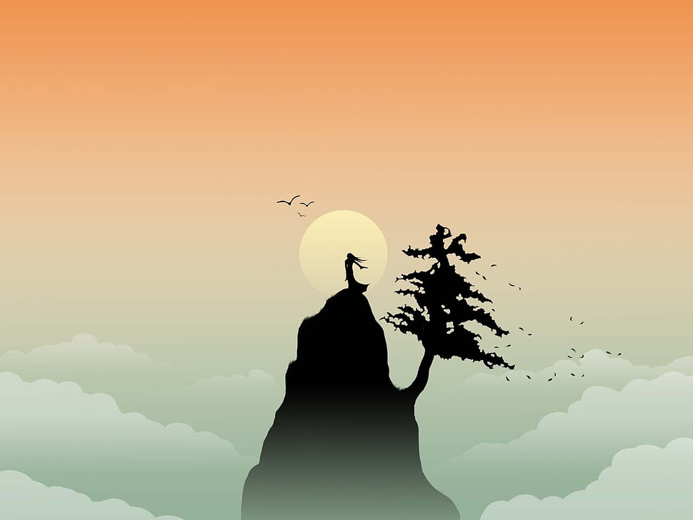 silhouette painting of woman on top of the hill near tree HD wallpaper