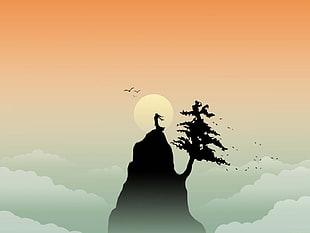 silhouette painting of woman on top of the hill near tree