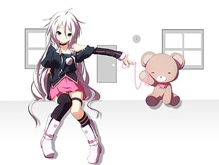 black and pink dressed anime character with brown teddy bear