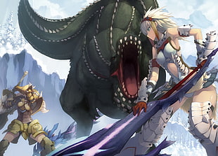 two animated characters with green dinosaur, Monster Hunter, Deviljho