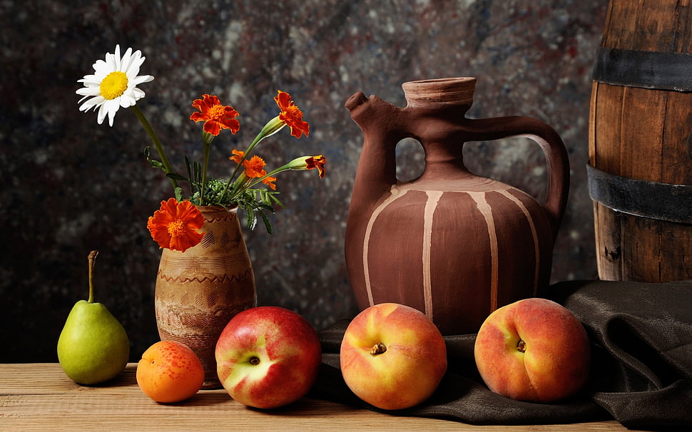 photo of assorted fruits behind brown ceramic pitcher HD wallpaper
