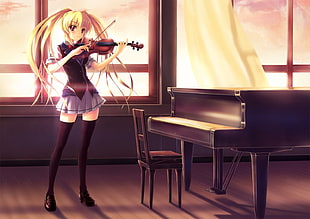 long-haired yellow female character playing violin near piano HD wallpaper