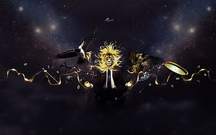 yellow lion illustration, lion, digital art, space, space art