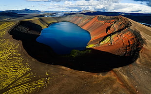 bird's eye view of crater, nature, landscape, water, lake