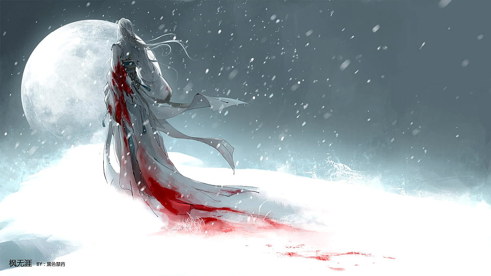 person wearing white and red dress illustration, snow, blood, Moon, fantasy art HD wallpaper
