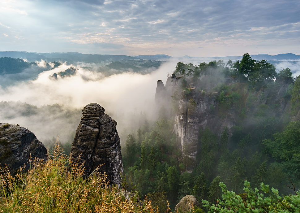 aerial view of mountain with clouds HD wallpaper