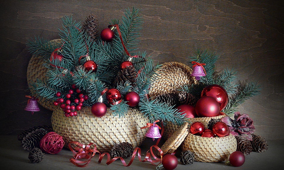 red and brown basket with baubles christmas decor HD wallpaper