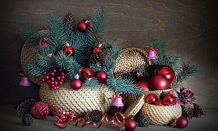 red and brown basket with baubles christmas decor