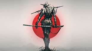 samurai in front of red moon HD wallpaper