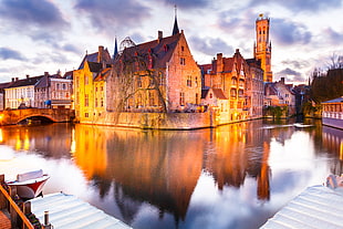 concrete house beside body of water with bridge, brugge HD wallpaper