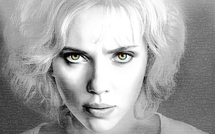 Scarlett Johansson hyperrealism painting, monochrome, Scarlett Johansson, face, selective coloring