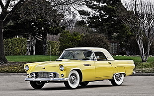 classic yellow coupe on gray concrete road