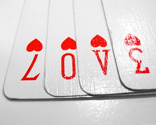 four hearts playing cards, cards, playing cards