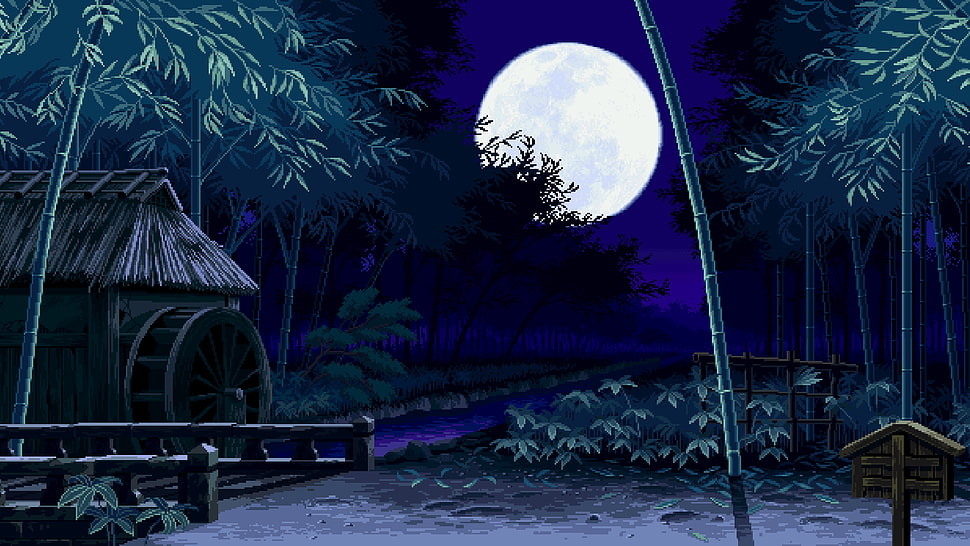 gray hut near bamboo trees at night time painting HD wallpaper