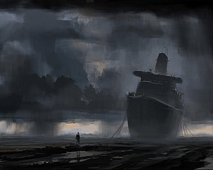 sail ship beside man walking with cloudy sky painting, clouds, rain, shipwreck