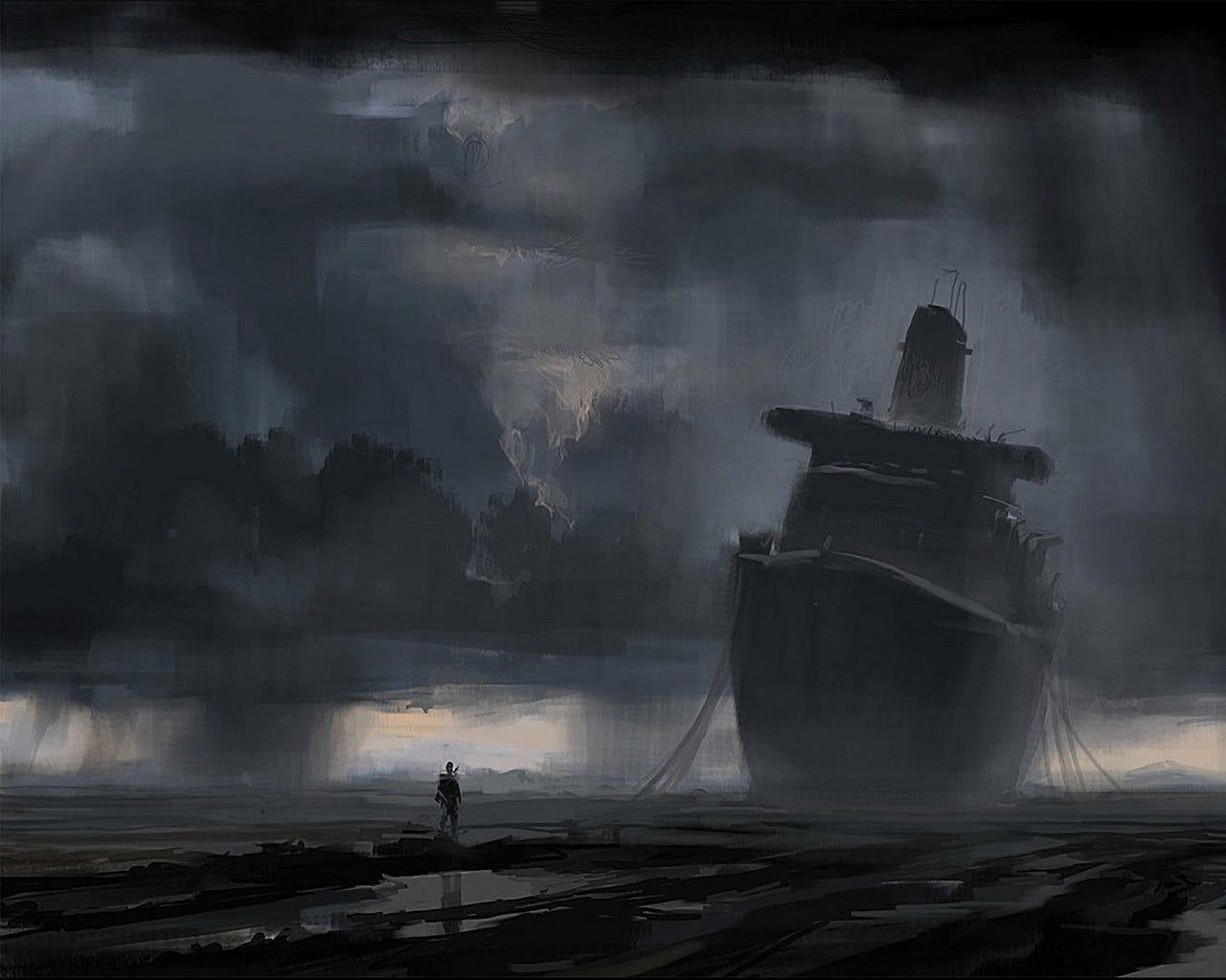Sail Ship Beside Man Walking With Cloudy Sky Painting Clouds Rain Shipwreck Hd Wallpaper Wallpaper Flare