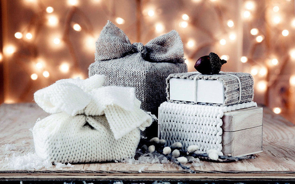 three white and gray fabric gift boxes, Christmas, presents HD wallpaper