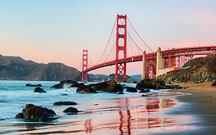red and white concrete building, Golden Bridge, Golden Gate Bridge, sea, bridge