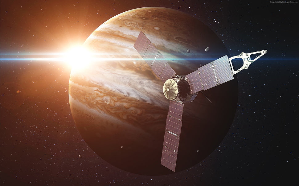 gray satellite beside brown planet HD wallpaper