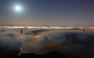 red suspension bridge, Golden Gate Bridge, bridge, mist, clouds HD wallpaper