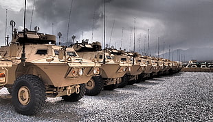parked brown battle tanks