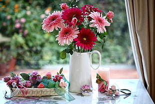 pink and magenta daisies in white ceramic vase