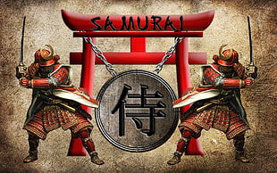 Samurai warriors illustration, samurai, shield, torii