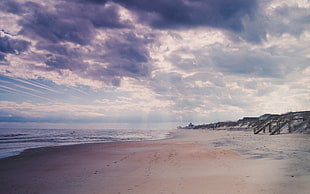 brown beach, photography, beach, footprints, clouds