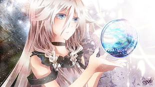 white haired female anime character with blue ball digital wallpaper