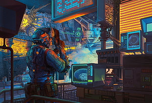 animated illustration of man holding pistol, futuristic, cyberpunk, artwork, digital art