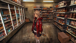 girl with brown hair wearing red zip-up jacket anime