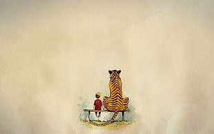 tiger sitting beside boy painting, Calvin and Hobbes, realistic, artwork, minimalism