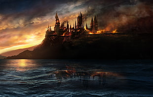 burning castle digital wallpaper, Hogwarts, destruction, fire, castle