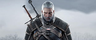 illustration of man carrying swords, The Witcher, Geralt of Rivia, video games, ultra-wide