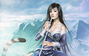 black long haired lady playing flute illustration HD wallpaper