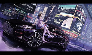 black sports car illustration, Alice in Wonderland, car, gun, city HD wallpaper