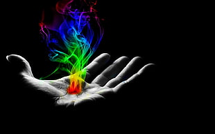 multicolored flame on human palm digital wallpaper, smoke, hands HD wallpaper
