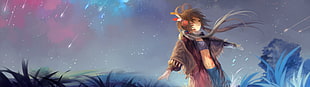 female anime wearing brown coat illustration HD wallpaper
