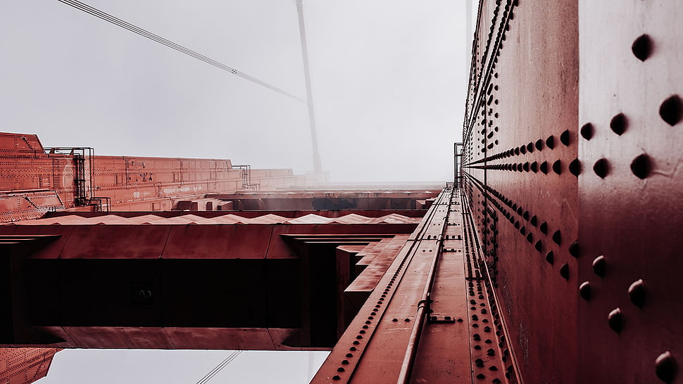 white and black metal frame, mist, sunlight, bridge, red HD wallpaper