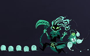 illustration of cartoon character holding scythe surrounded by ghosts