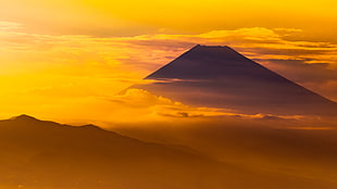 silhouette of mountains with yellow clouds illustration, mt. fuji