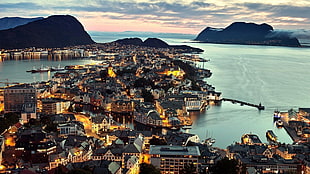 aerial photography of city, Norway, sky, lights, city
